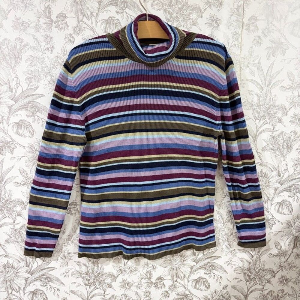VTG Cherokee Sweater Sz XL Purple Brown Striped Turtleneck Ribbed Cotton 00s 90s